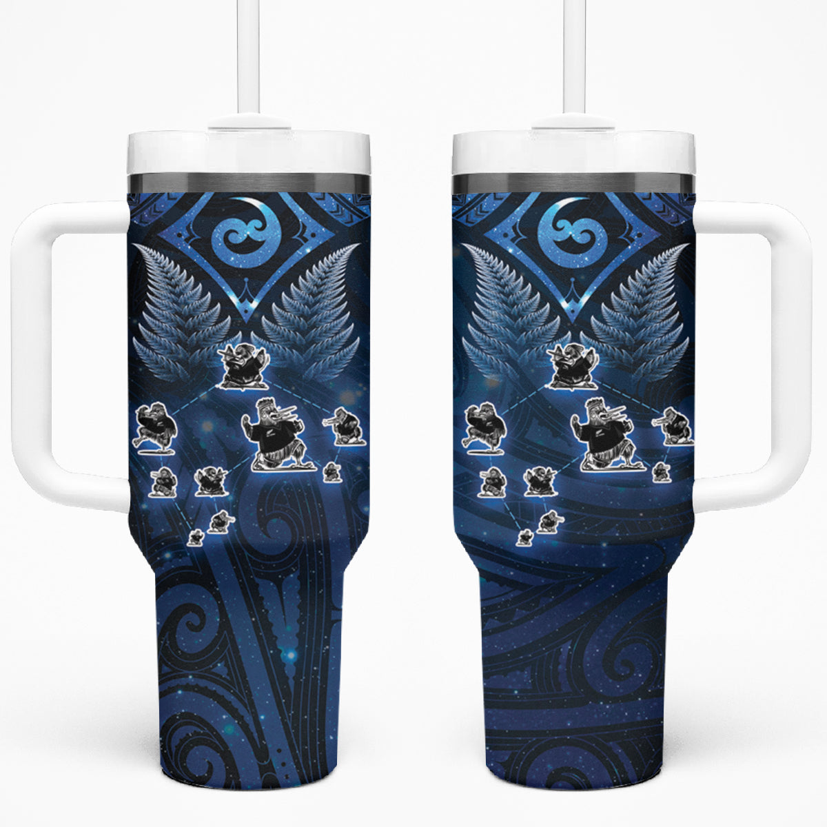 New Zealand Matariki Tumbler With Handle Maori Pattern and Kiwi Bird Haka Dance Sky Night LT03 One Size: 40 oz Blue - Polynesian Pride