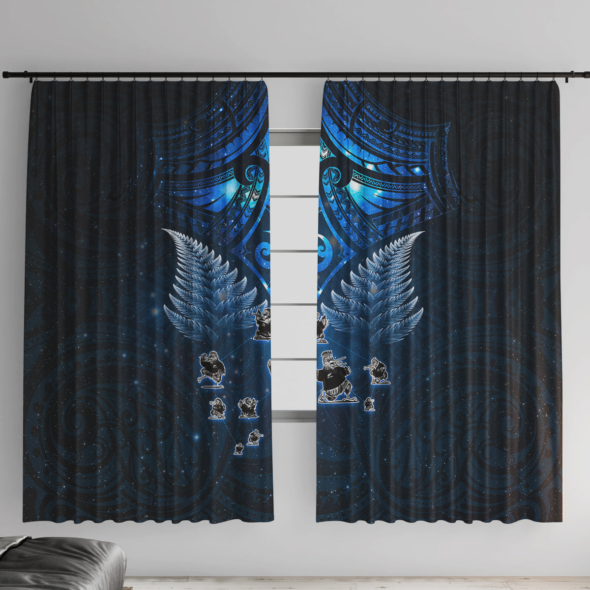 New Zealand Matariki Window Curtain Maori Pattern and Kiwi Bird Haka Dance Sky Night LT03 With Hooks Blue - Polynesian Pride