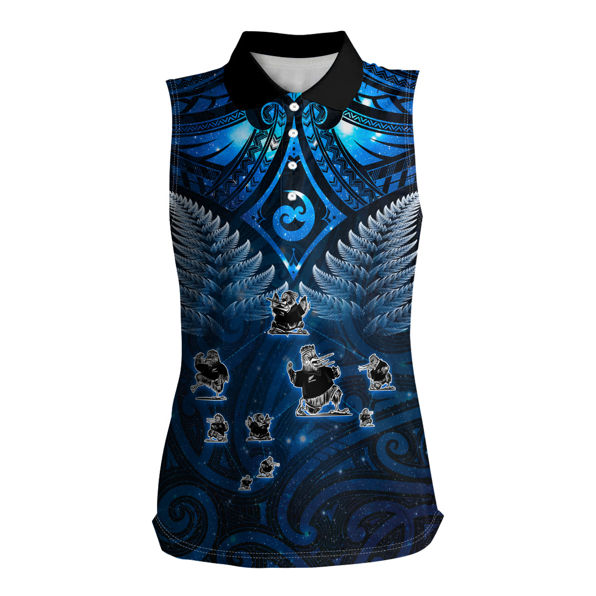 New Zealand Matariki Women Sleeveless Polo Shirt Maori Pattern and Kiwi Bird Haka Dance Sky Night