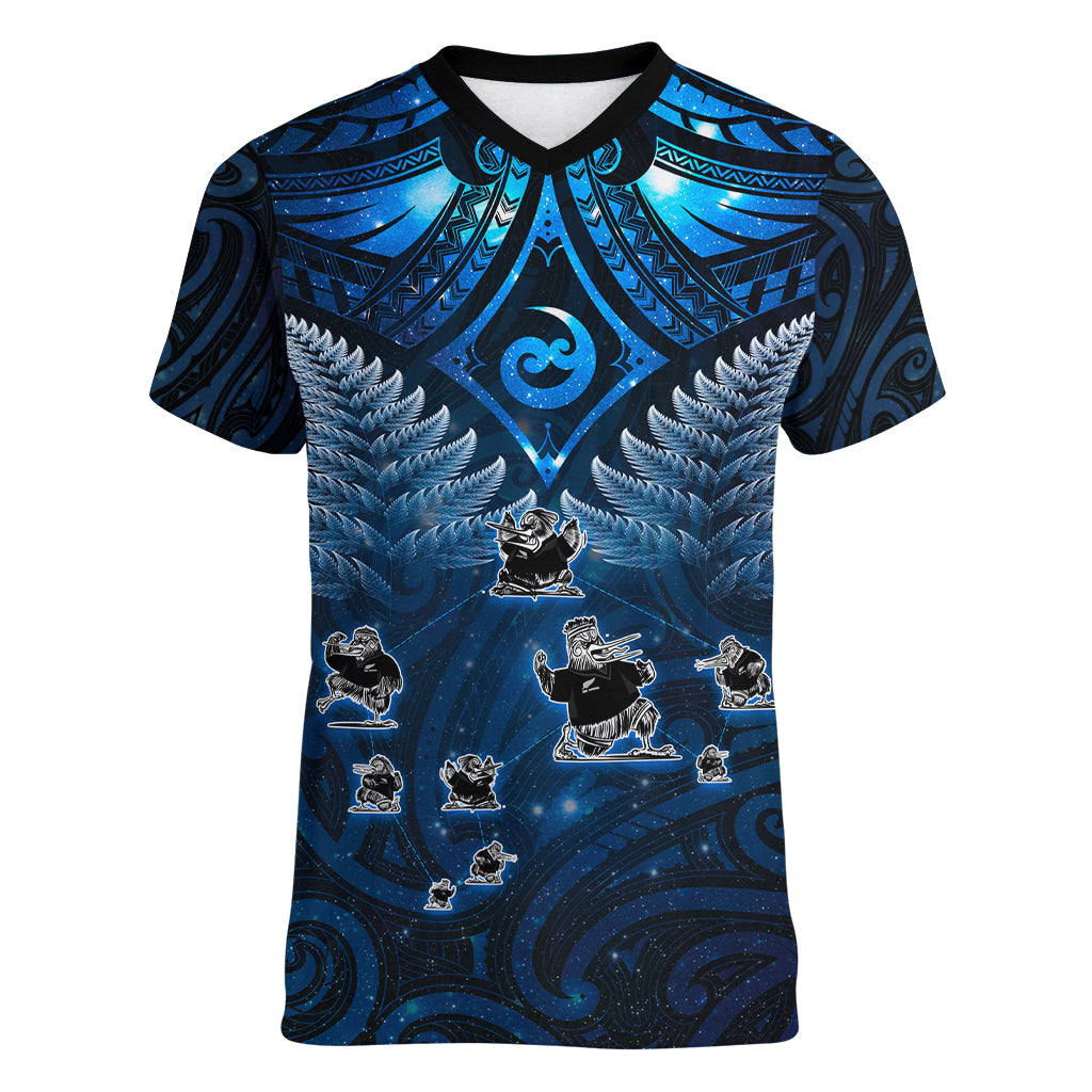 New Zealand Matariki Women V-Neck T-Shirt Maori Pattern and Kiwi Bird Haka Dance Sky Night