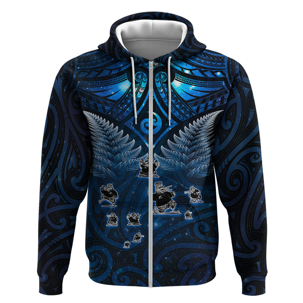 New Zealand Matariki Zip Hoodie Maori Pattern and Kiwi Bird Haka Dance Sky Night LT03 Zip Hoodie Blue - Polynesian Pride
