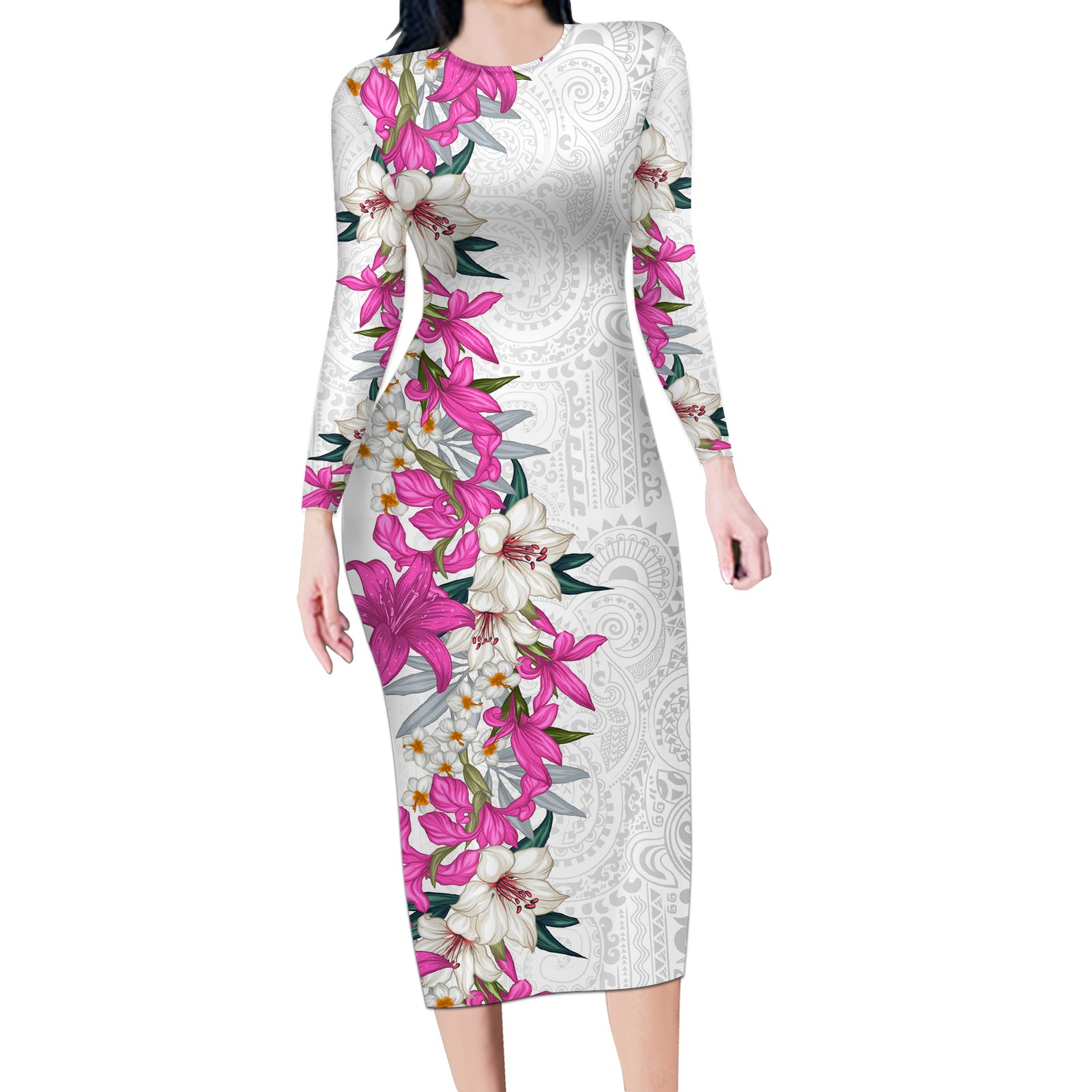 Hawaii Tropical Leaves and Flowers Long Sleeve Bodycon Dress Tribal Polynesian Pattern White Style LT03 Long Dress White - Polynesian Pride