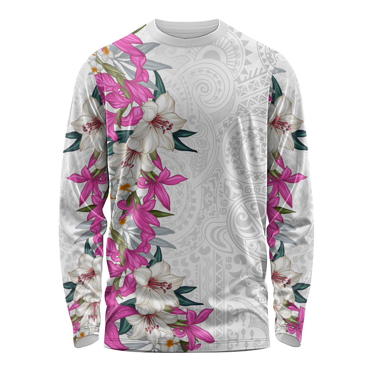 Hawaii Tropical Leaves and Flowers Long Sleeve Shirt Tribal Polynesian Pattern White Style LT03 Unisex White - Polynesian Pride
