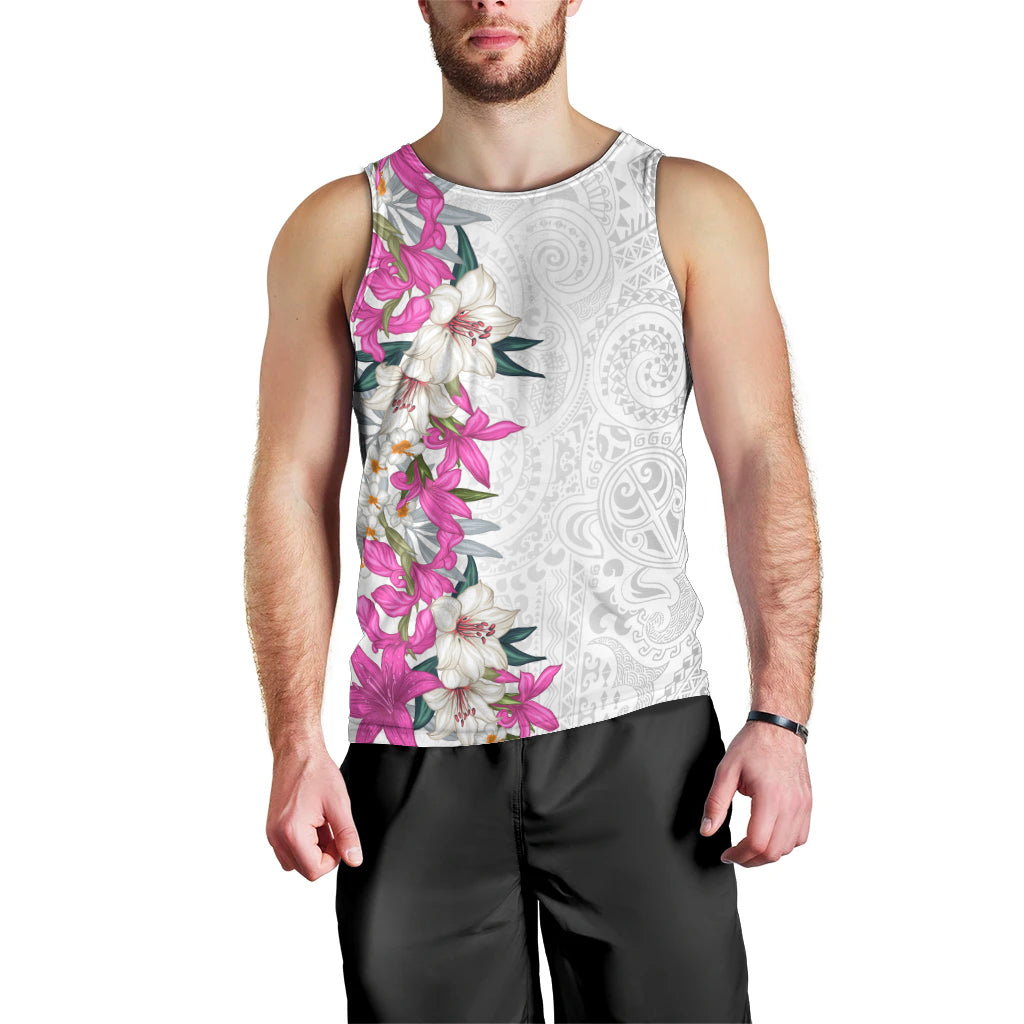 Hawaii Tropical Leaves and Flowers Men Tank Top Tribal Polynesian Pattern White Style LT03 - Polynesian Pride