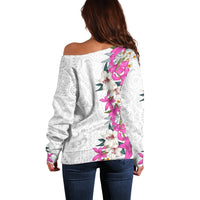 Hawaii Tropical Leaves and Flowers Off Shoulder Sweater Tribal Polynesian Pattern White Style LT03 - Polynesian Pride