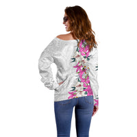 Hawaii Tropical Leaves and Flowers Off Shoulder Sweater Tribal Polynesian Pattern White Style LT03 - Polynesian Pride