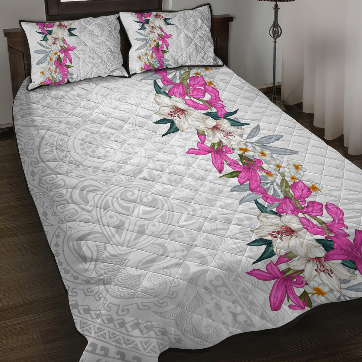 Hawaii Tropical Leaves and Flowers Quilt Bed Set Tribal Polynesian Pattern White Style LT03 White - Polynesian Pride