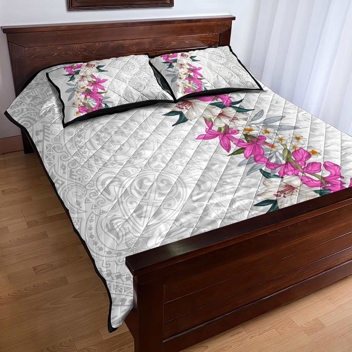 Hawaii Tropical Leaves and Flowers Quilt Bed Set Tribal Polynesian Pattern White Style LT03 - Polynesian Pride