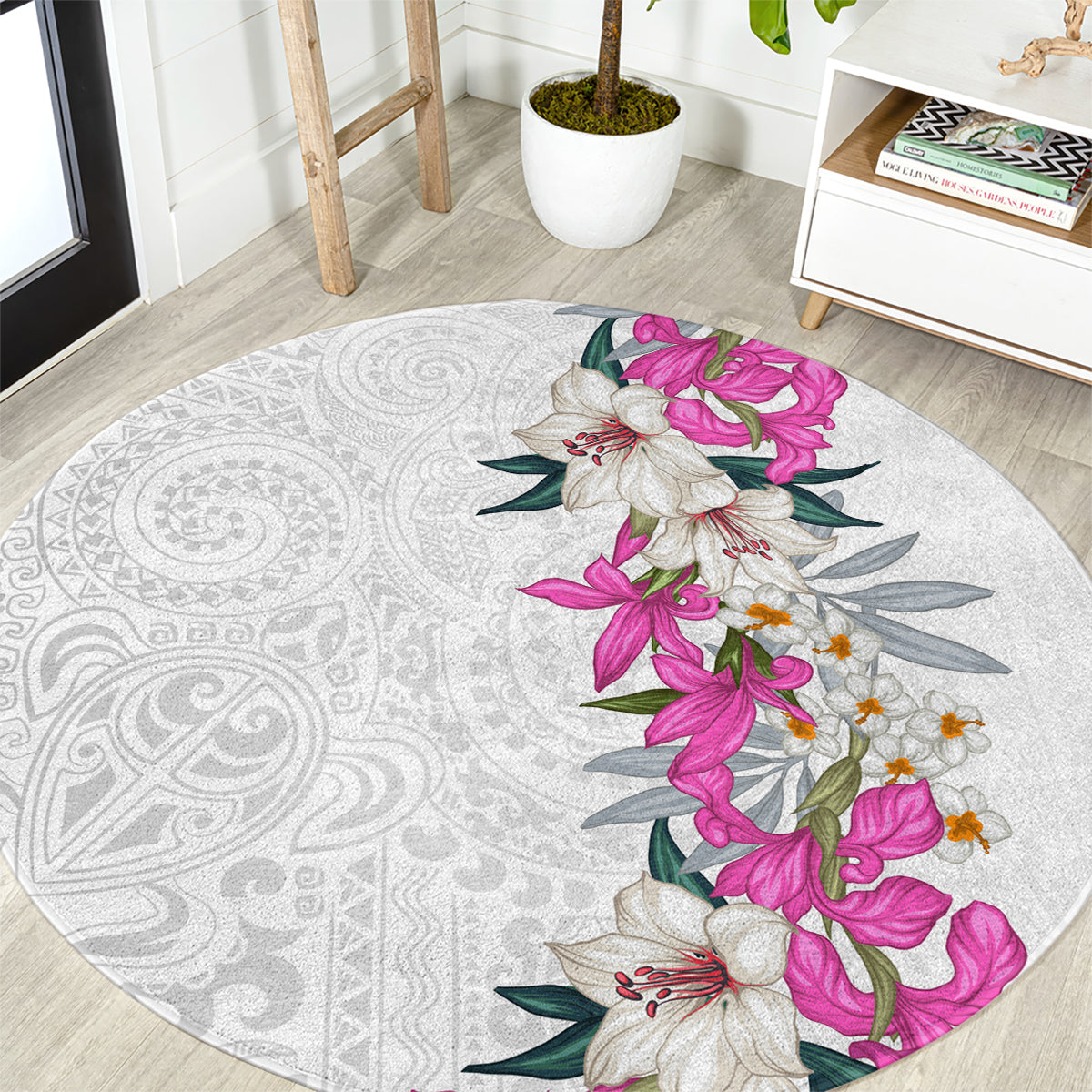 Hawaii Tropical Leaves and Flowers Round Carpet Tribal Polynesian Pattern White Style LT03 White - Polynesian Pride