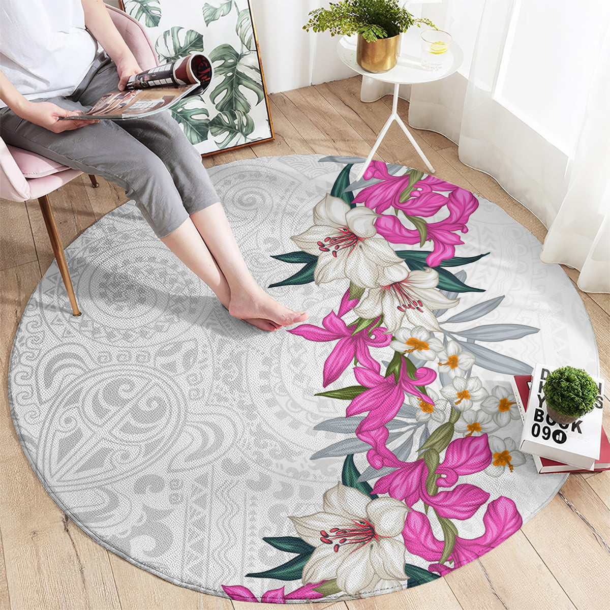Hawaii Tropical Leaves and Flowers Round Carpet Tribal Polynesian Pattern White Style LT03 - Polynesian Pride