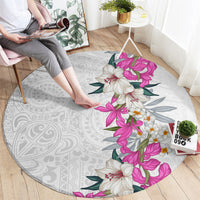Hawaii Tropical Leaves and Flowers Round Carpet Tribal Polynesian Pattern White Style LT03 - Polynesian Pride