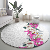 Hawaii Tropical Leaves and Flowers Round Carpet Tribal Polynesian Pattern White Style LT03 - Polynesian Pride