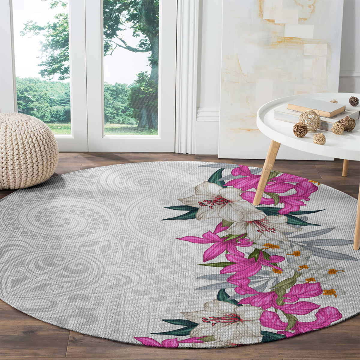 Hawaii Tropical Leaves and Flowers Round Carpet Tribal Polynesian Pattern White Style LT03 - Polynesian Pride