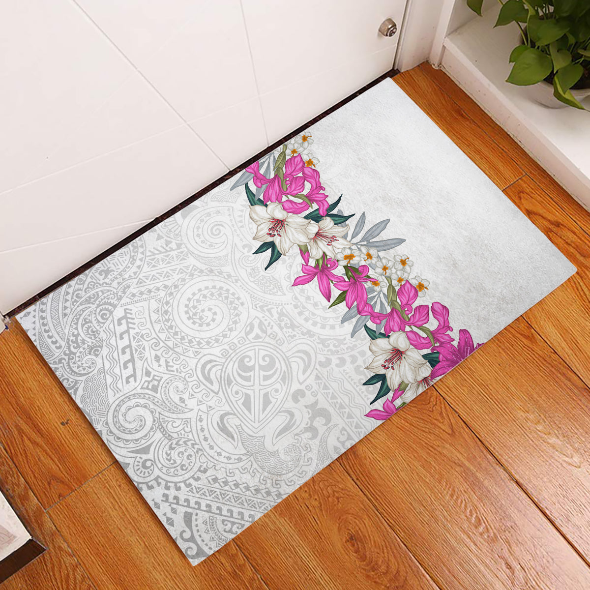 Hawaii Tropical Leaves and Flowers Rubber Doormat Tribal Polynesian Pattern White Style LT03 White - Polynesian Pride