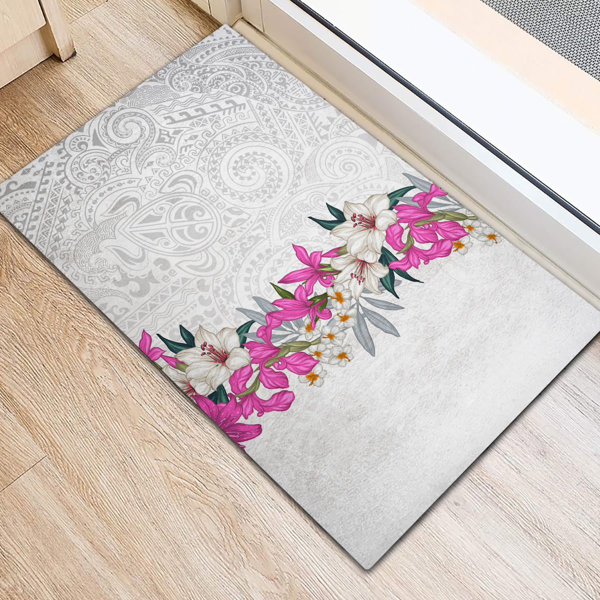 Hawaii Tropical Leaves and Flowers Rubber Doormat Tribal Polynesian Pattern White Style LT03 - Polynesian Pride