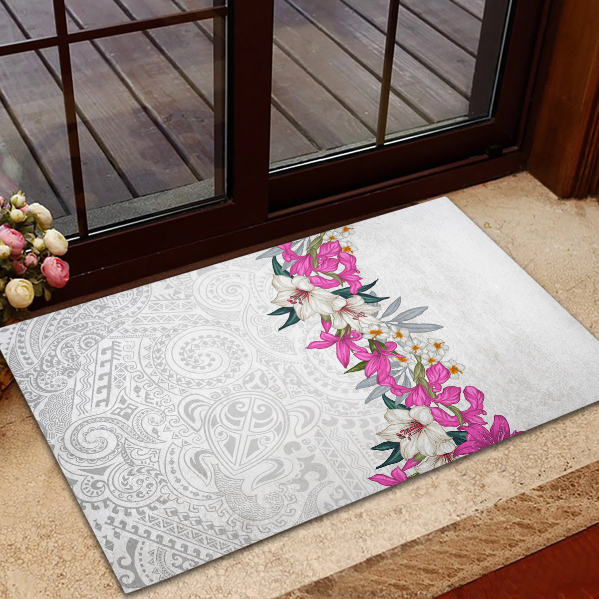 Hawaii Tropical Leaves and Flowers Rubber Doormat Tribal Polynesian Pattern White Style LT03 - Polynesian Pride