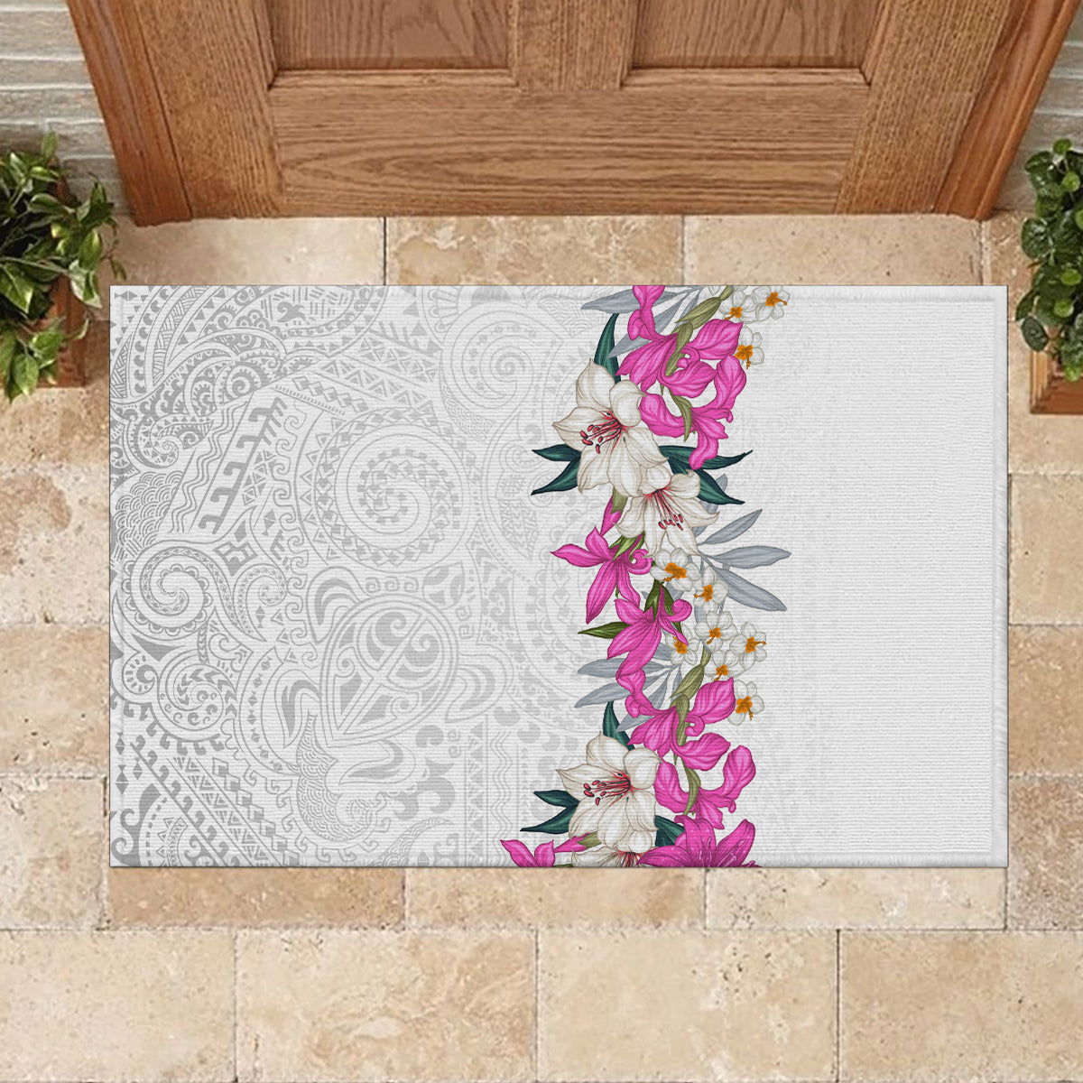 Hawaii Tropical Leaves and Flowers Rubber Doormat Tribal Polynesian Pattern White Style LT03 - Polynesian Pride