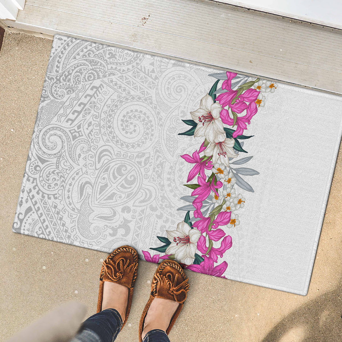 Hawaii Tropical Leaves and Flowers Rubber Doormat Tribal Polynesian Pattern White Style LT03 - Polynesian Pride