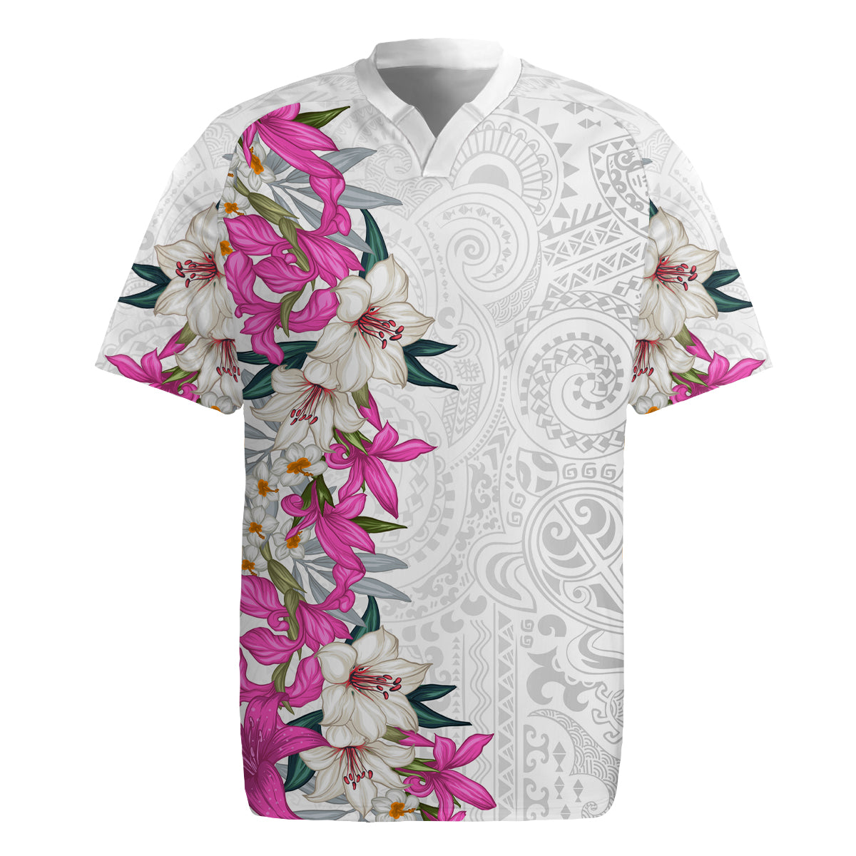 Hawaii Tropical Leaves and Flowers Rugby Jersey Tribal Polynesian Pattern White Style LT03 White - Polynesian Pride
