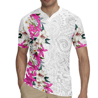 Hawaii Tropical Leaves and Flowers Rugby Jersey Tribal Polynesian Pattern White Style LT03 - Polynesian Pride