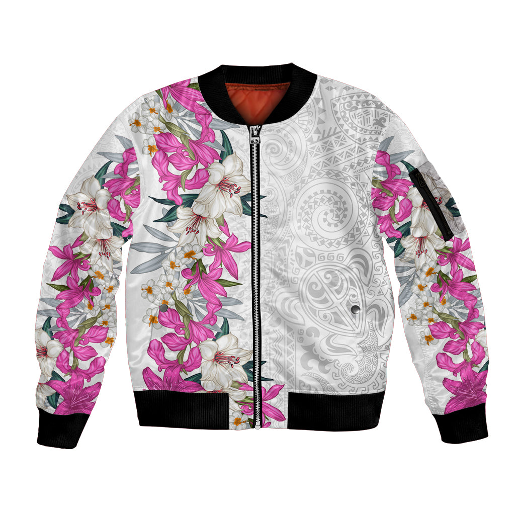 Hawaii Tropical Leaves and Flowers Sleeve Zip Bomber Jacket Tribal Polynesian Pattern White Style LT03 Unisex White - Polynesian Pride