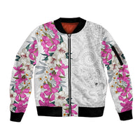 Hawaii Tropical Leaves and Flowers Sleeve Zip Bomber Jacket Tribal Polynesian Pattern White Style LT03 Unisex White - Polynesian Pride