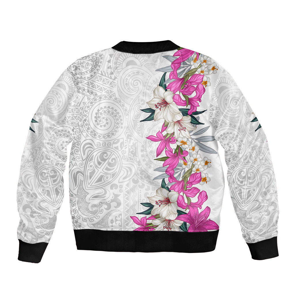 Hawaii Tropical Leaves and Flowers Sleeve Zip Bomber Jacket Tribal Polynesian Pattern White Style LT03 - Polynesian Pride
