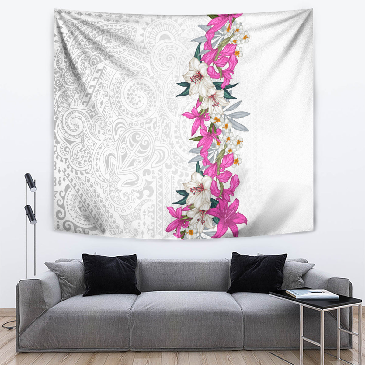 Hawaii Tropical Leaves and Flowers Tapestry Tribal Polynesian Pattern White Style LT03 White - Polynesian Pride
