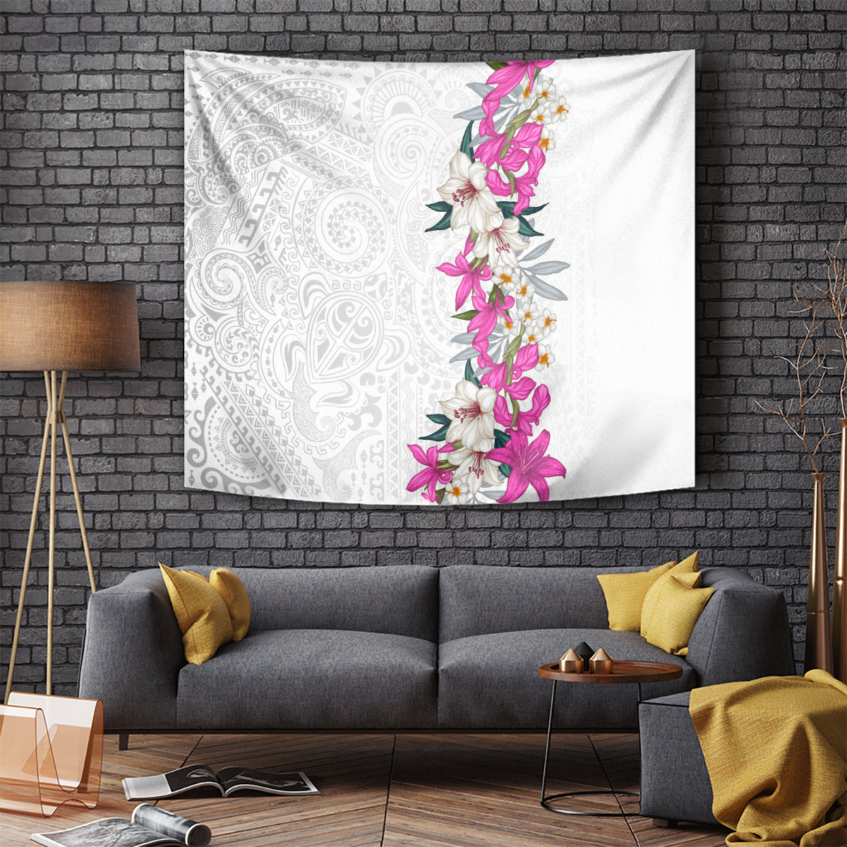 Hawaii Tropical Leaves and Flowers Tapestry Tribal Polynesian Pattern White Style LT03 - Polynesian Pride