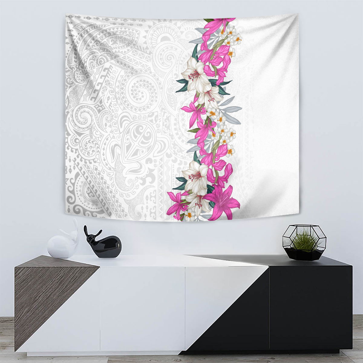 Hawaii Tropical Leaves and Flowers Tapestry Tribal Polynesian Pattern White Style LT03 - Polynesian Pride