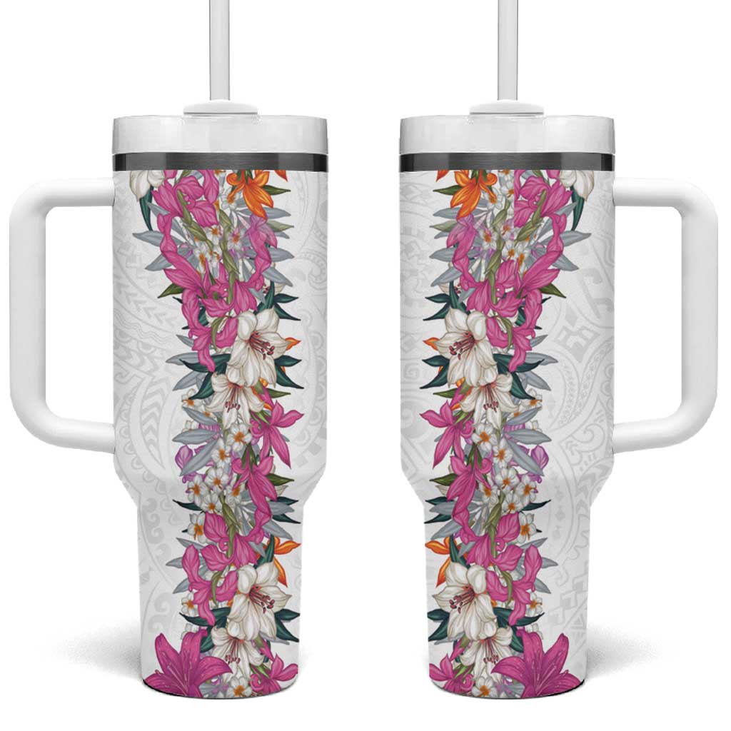 Hawaii Tropical Leaves and Flowers Tumbler With Handle Tribal Polynesian Pattern White Style LT03 One Size: 40 oz White - Polynesian Pride
