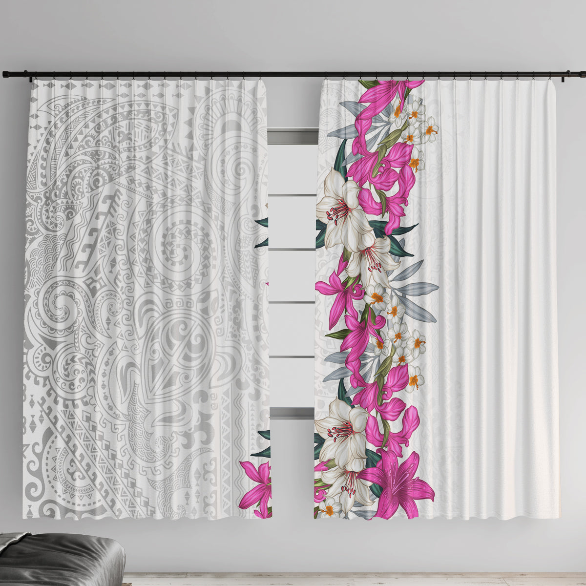 Hawaii Tropical Leaves and Flowers Window Curtain Tribal Polynesian Pattern White Style LT03 With Hooks White - Polynesian Pride