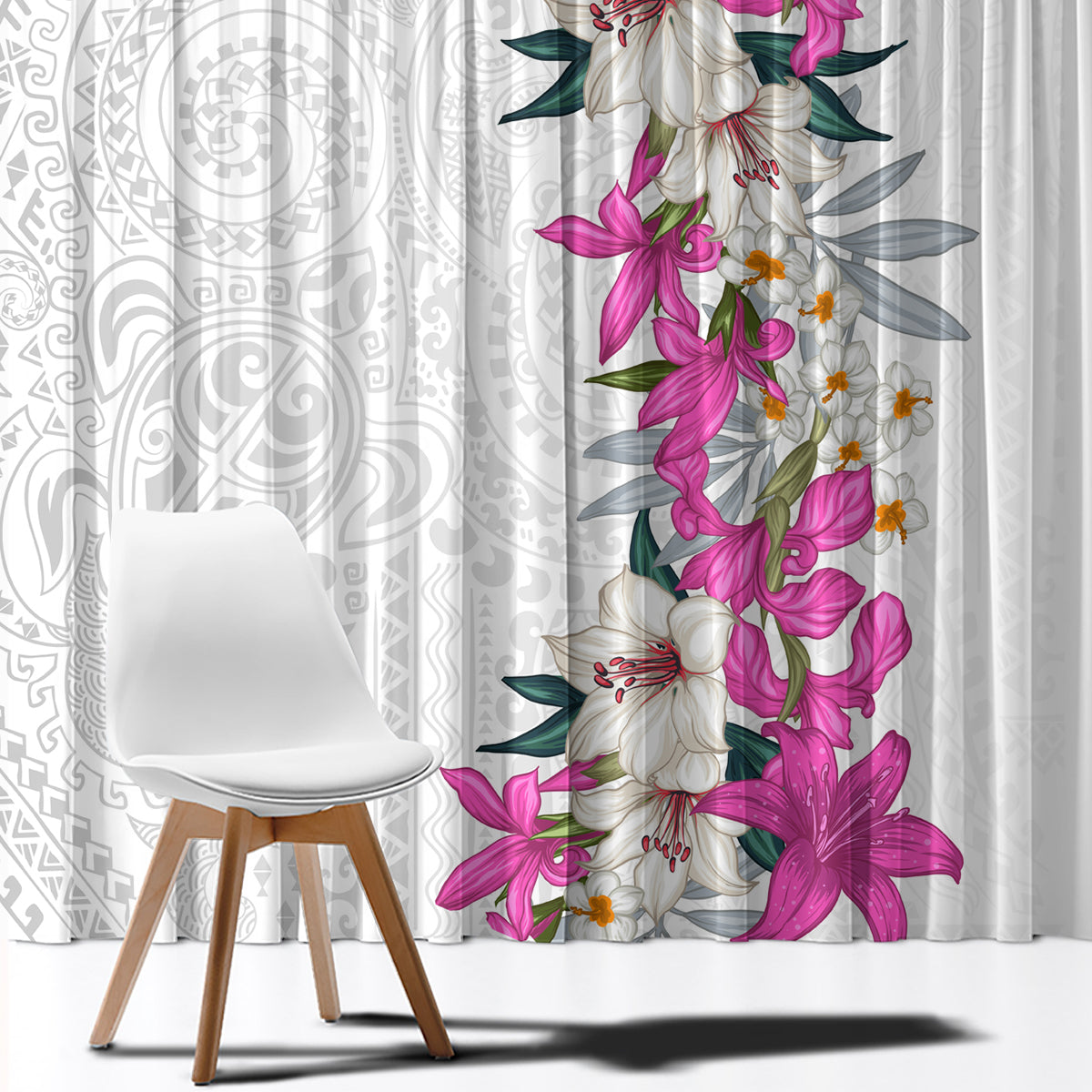 Hawaii Tropical Leaves and Flowers Window Curtain Tribal Polynesian Pattern White Style LT03 - Polynesian Pride