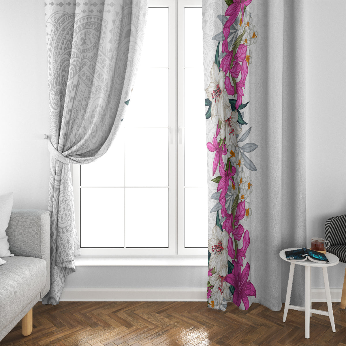 Hawaii Tropical Leaves and Flowers Window Curtain Tribal Polynesian Pattern White Style LT03 - Polynesian Pride