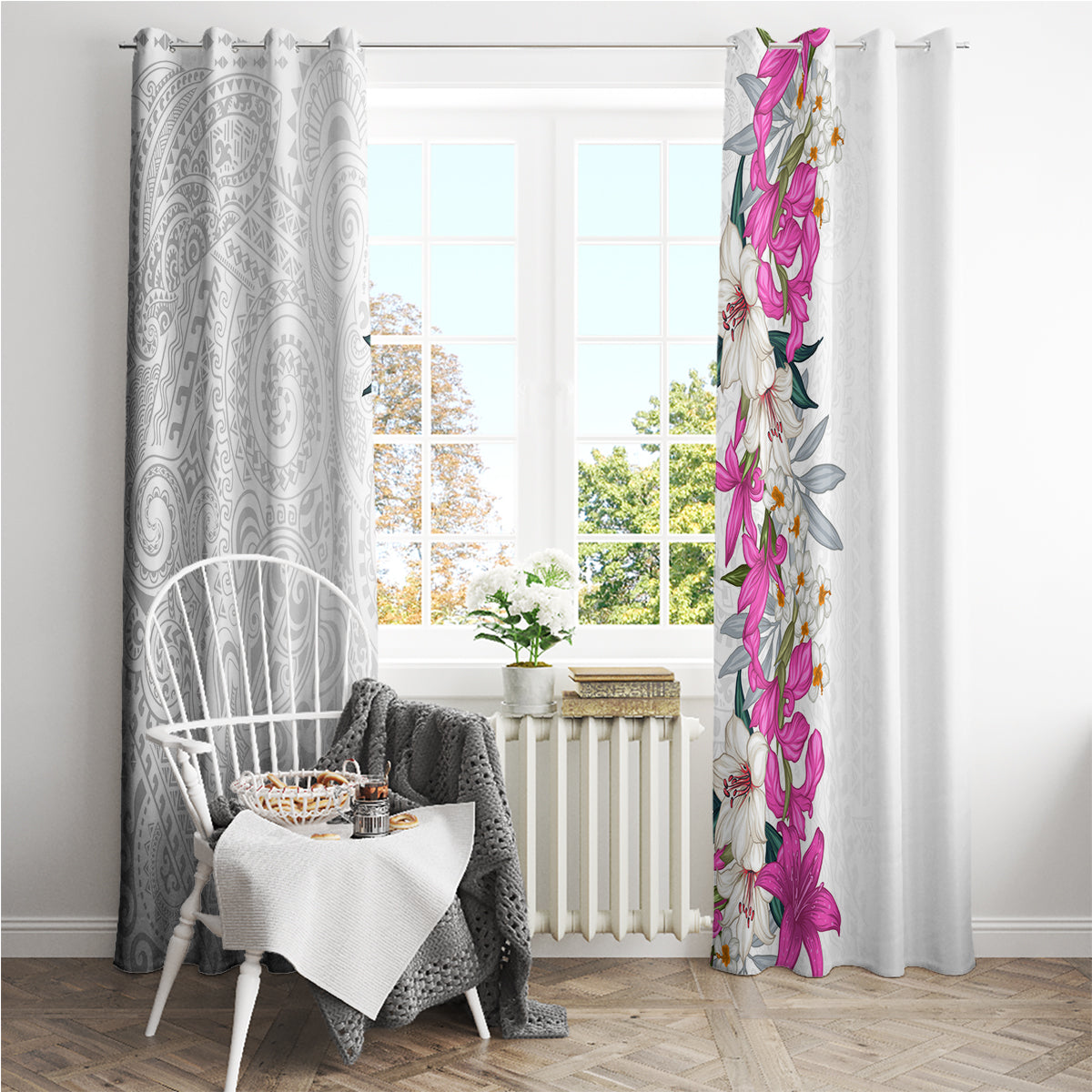 Hawaii Tropical Leaves and Flowers Window Curtain Tribal Polynesian Pattern White Style LT03 - Polynesian Pride