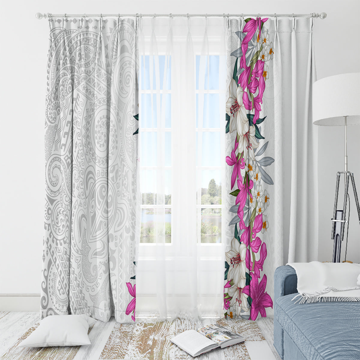 Hawaii Tropical Leaves and Flowers Window Curtain Tribal Polynesian Pattern White Style LT03 - Polynesian Pride