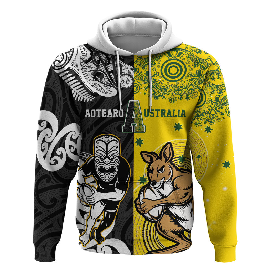 Aotearoa New Zealand and Australia Rugby Personalized Hoodie Maori Koru and Aboriginal Dot Art Cultural Heritage LT03 Pullover Hoodie Multicolor - Polynesian Pride