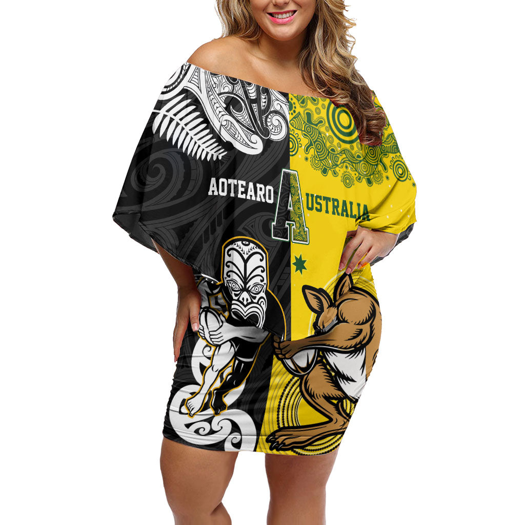 Aotearoa New Zealand and Australia Rugby Personalized Off Shoulder Short Dress Maori Koru and Aboriginal Dot Art Cultural Heritage LT03 Women Multicolor - Polynesian Pride