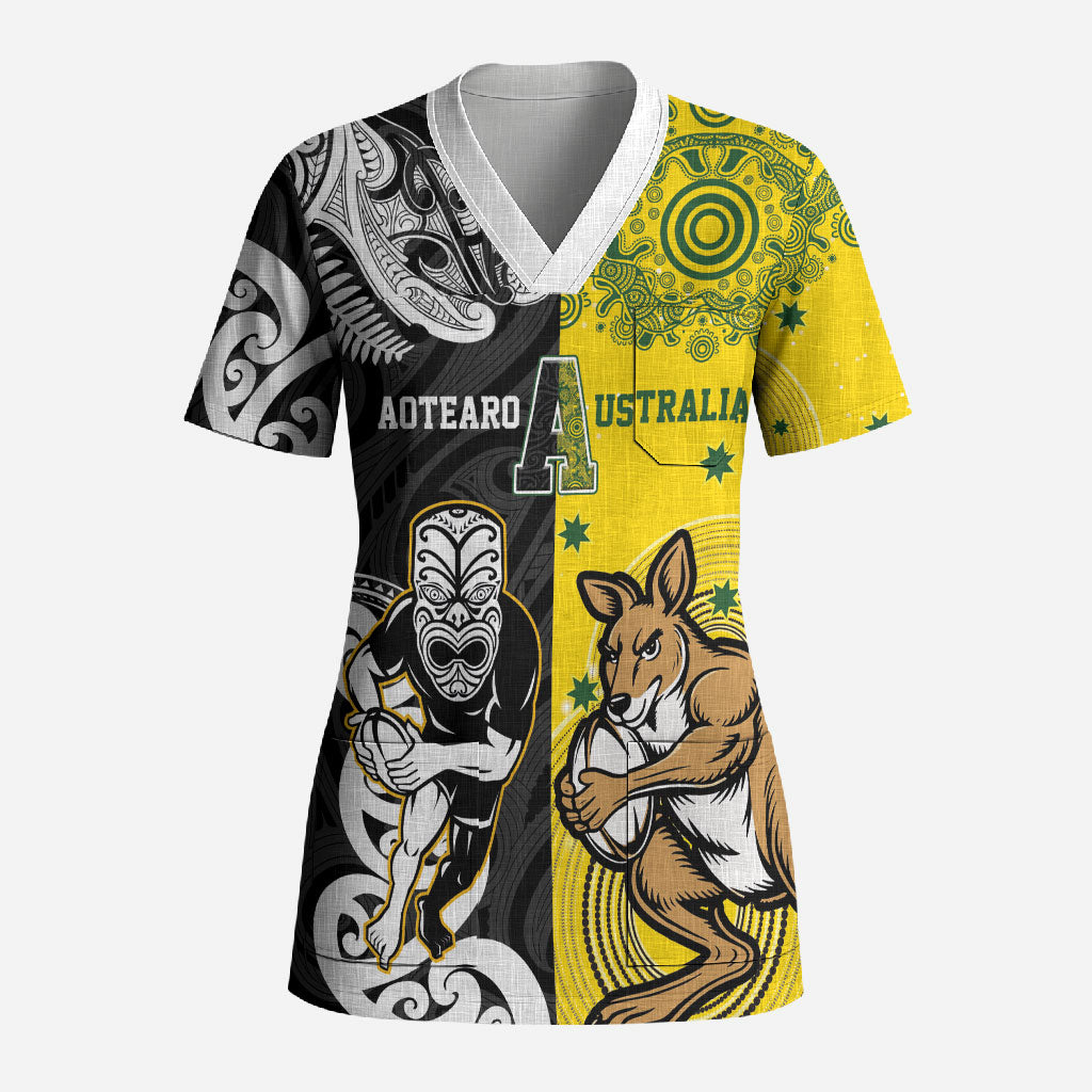 Aotearoa New Zealand and Australia Rugby Personalized Scrub Top Maori Koru and Aboriginal Dot Art Cultural Heritage LT03 Adult Multicolor - Polynesian Pride