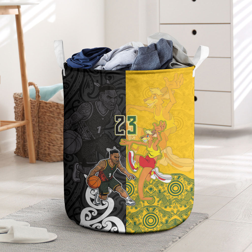Aotearoa New Zealand And Australia Basketball Custom Laundry Basket Maori Tribal Tattoo And Aboriginal Dot Art Heritage LT03 Multicolor - Polynesian Pride