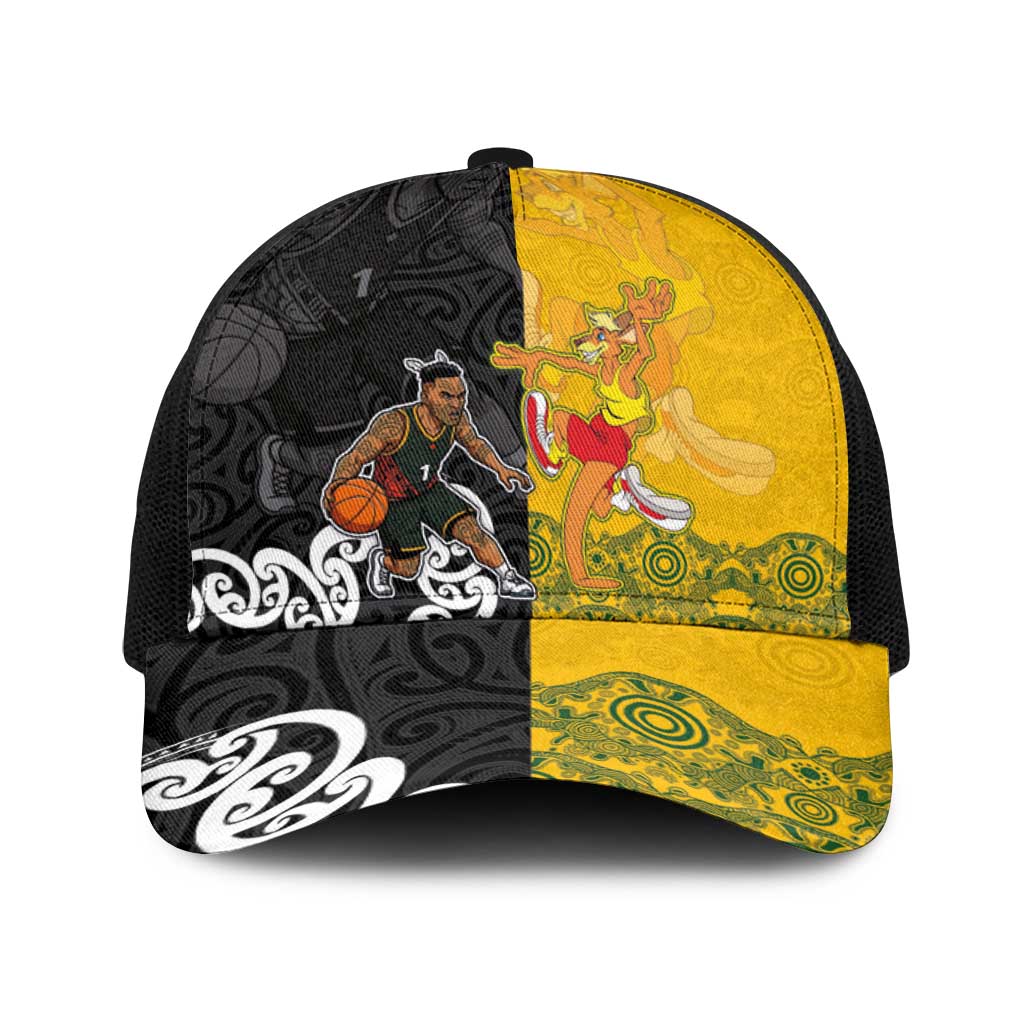 Aotearoa New Zealand And Australia Basketball Baseball Net Cap Maori Tribal Tattoo And Aboriginal Dot Art Heritage LT03 One Size Black Multicolor - Polynesian Pride