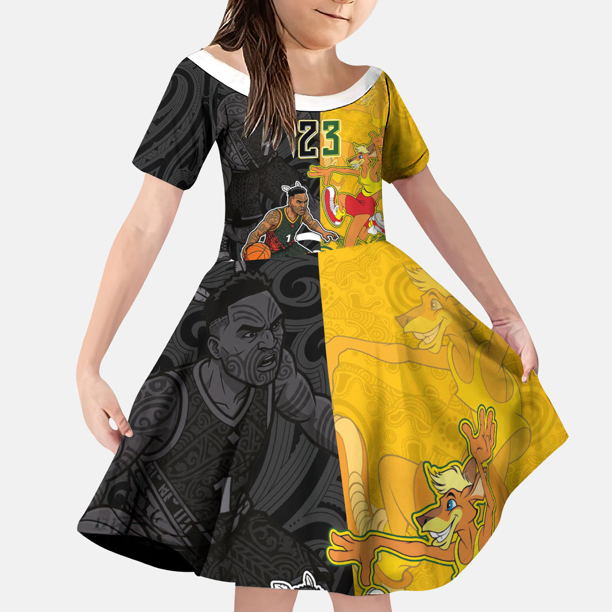 Aotearoa New Zealand And Australia Basketball Custom Kid Short Sleeve Dress Maori Tribal Tattoo And Aboriginal Dot Art Heritage LT03 KID Multicolor - Polynesian Pride