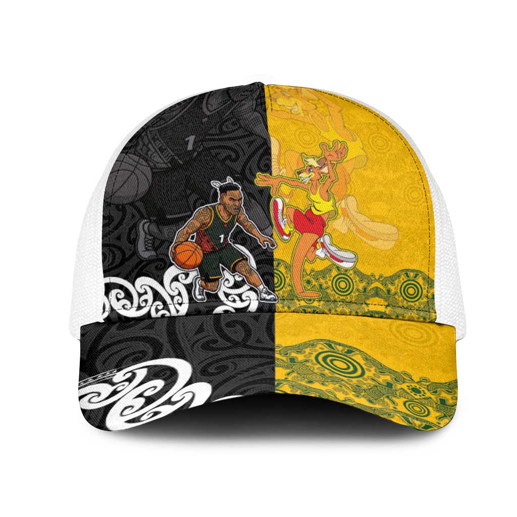 Aotearoa New Zealand And Australia Basketball Mesh Trucker Cap Maori Tribal Tattoo And Aboriginal Dot Art Heritage LT03 One Size White Multicolor - Polynesian Pride