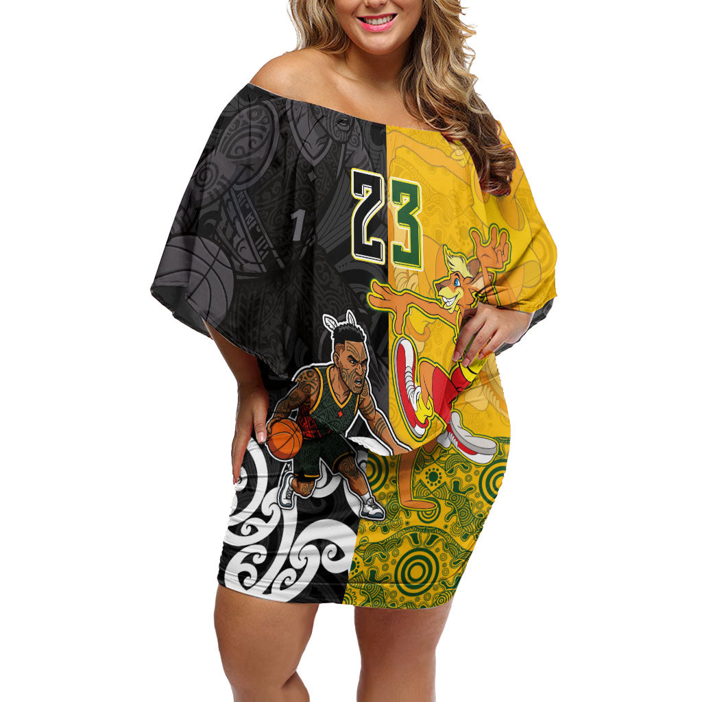 Aotearoa New Zealand And Australia Basketball Custom Off Shoulder Short Dress Maori Tribal Tattoo And Aboriginal Dot Art Heritage LT03 Women Multicolor - Polynesian Pride