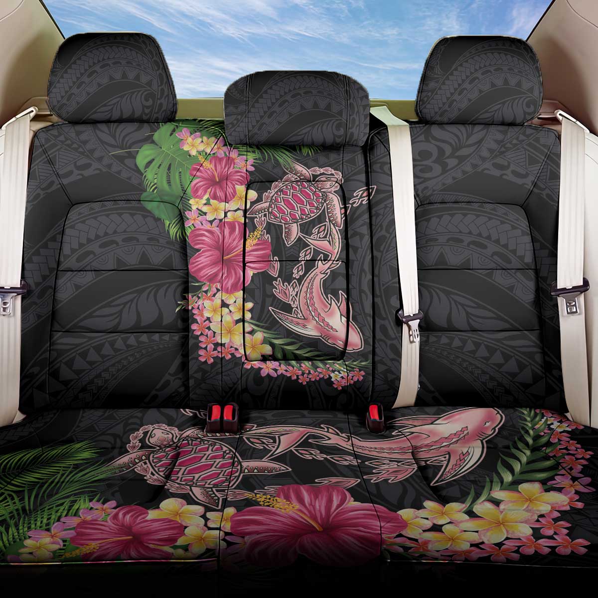 Hawaiian Tropical Plants Turtle and Shark Back Car Seat Cover Polynesian Art Tattoo LT03 One Size Black - Polynesian Pride
