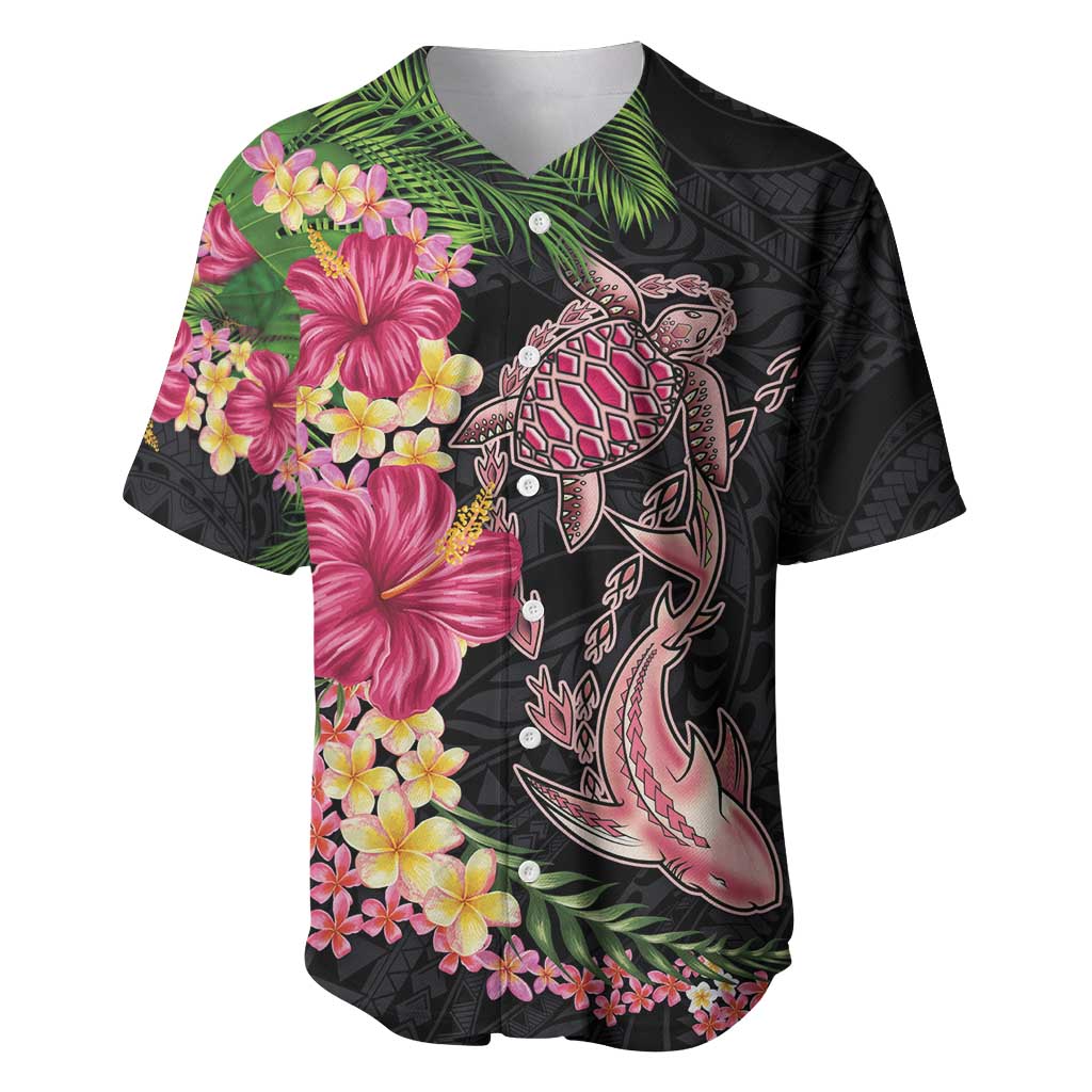 Hawaiian Tropical Plants Turtle and Shark Baseball Jersey Polynesian Art Tattoo LT03 Black - Polynesian Pride