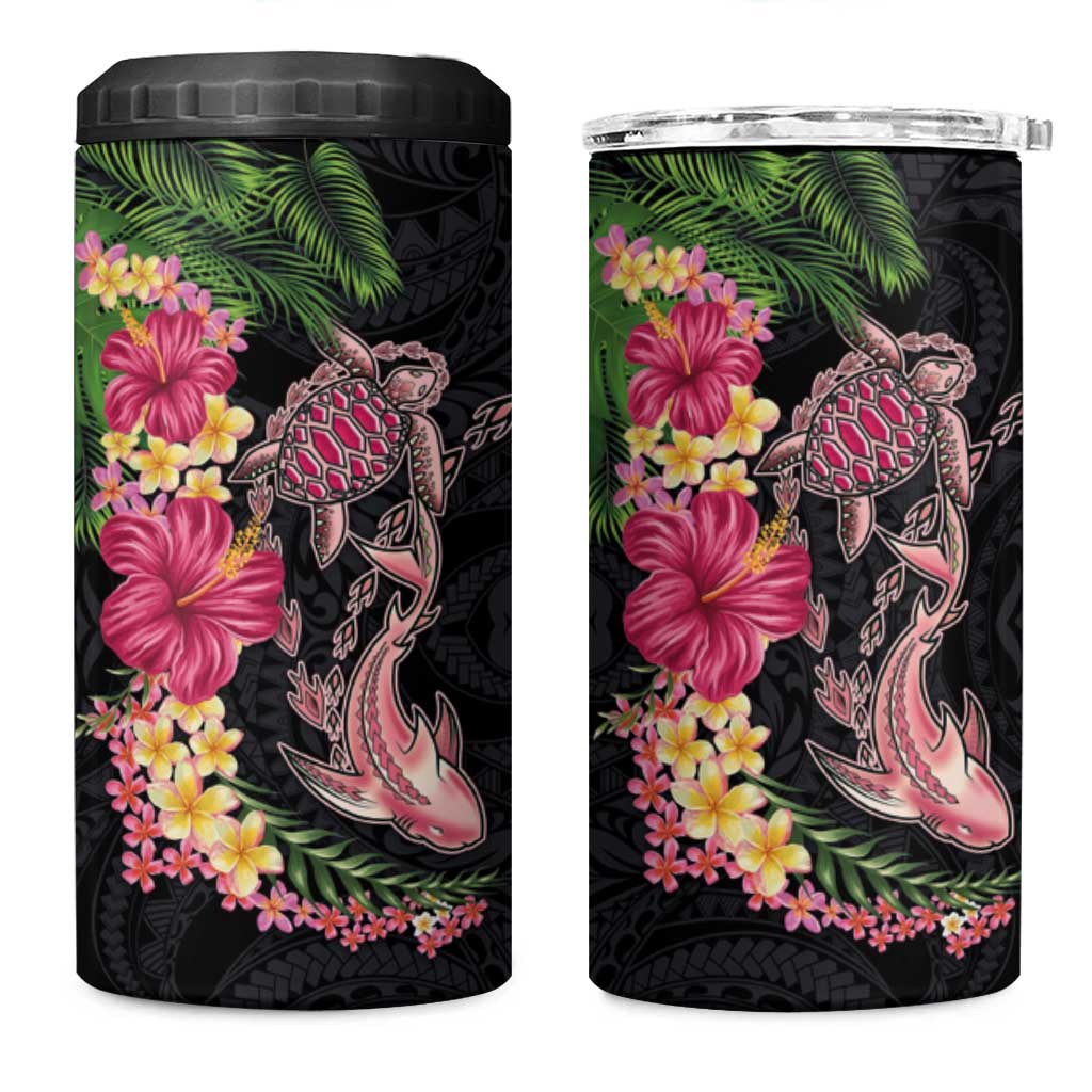 Hawaiian Tropical Plants Turtle and Shark 4 in 1 Can Cooler Tumbler Polynesian Art Tattoo LT03 One Size: 16 oz Black - Polynesian Pride