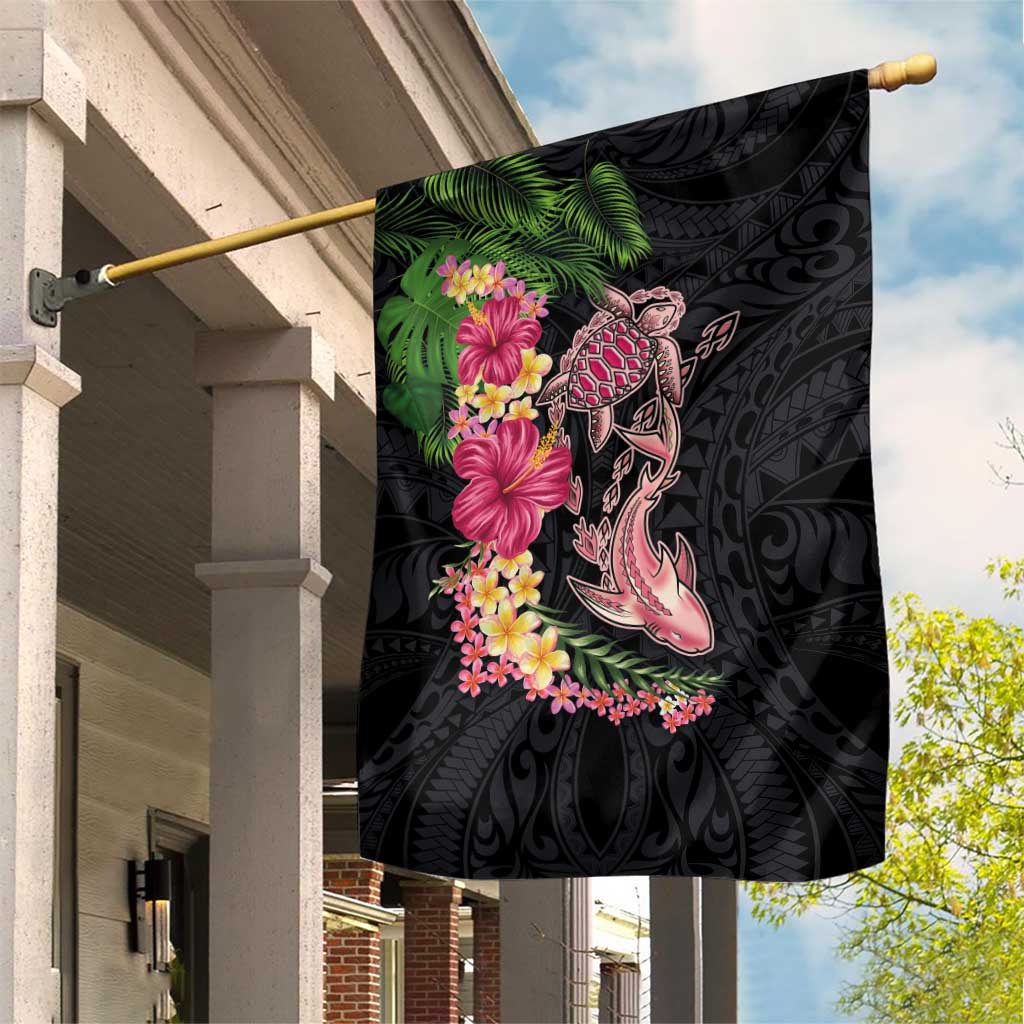 Hawaiian Tropical Plants Turtle and Shark Garden Flag Polynesian Art Tattoo LT03 House Flag Black - Polynesian Pride