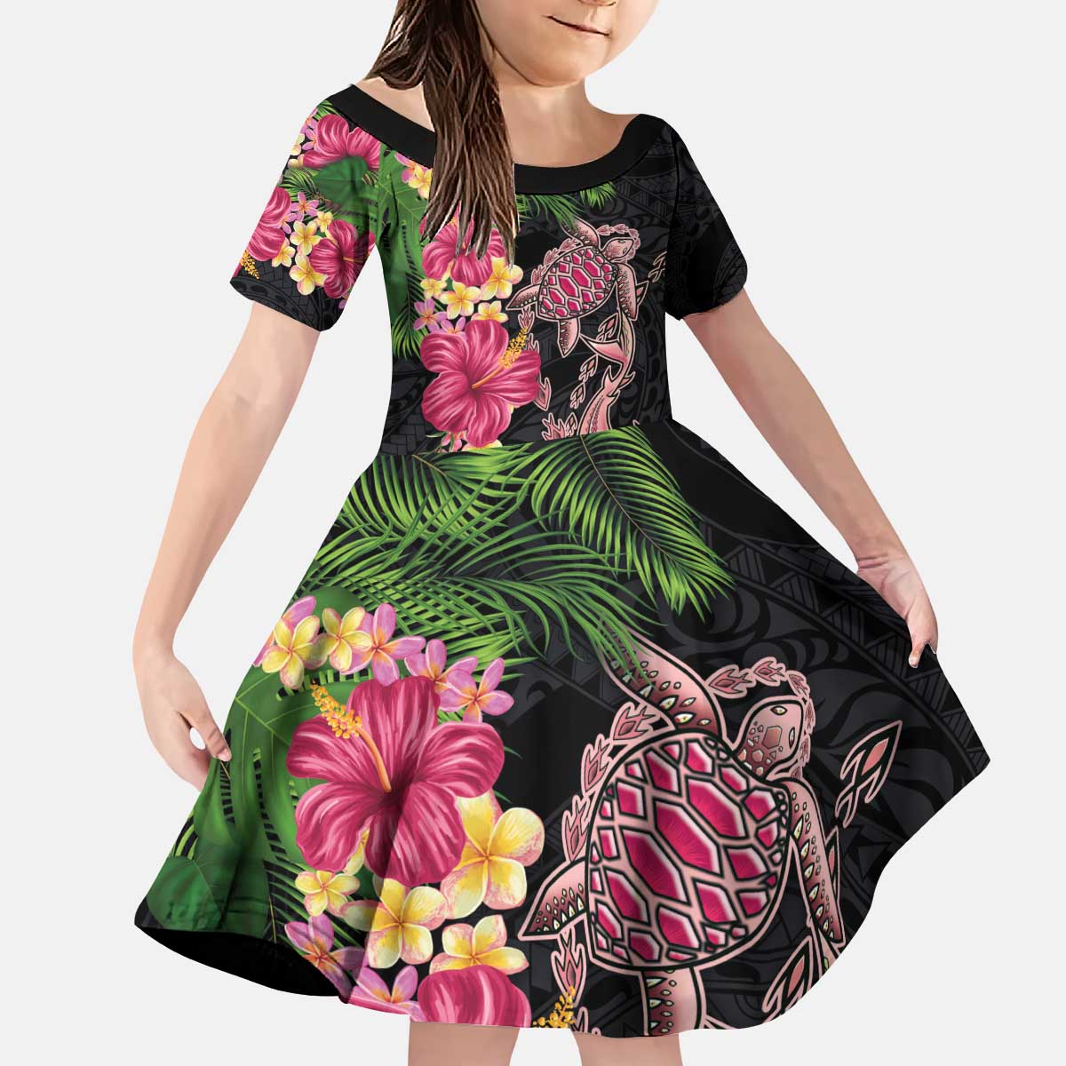 Hawaiian Tropical Plants Turtle and Shark Kid Short Sleeve Dress Polynesian Art Tattoo LT03 KID Black - Polynesian Pride