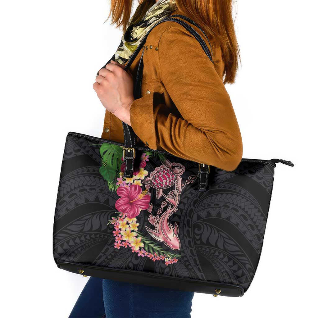 Hawaiian Tropical Plants Turtle and Shark Leather Tote Bag Polynesian Art Tattoo LT03 Black - Polynesian Pride